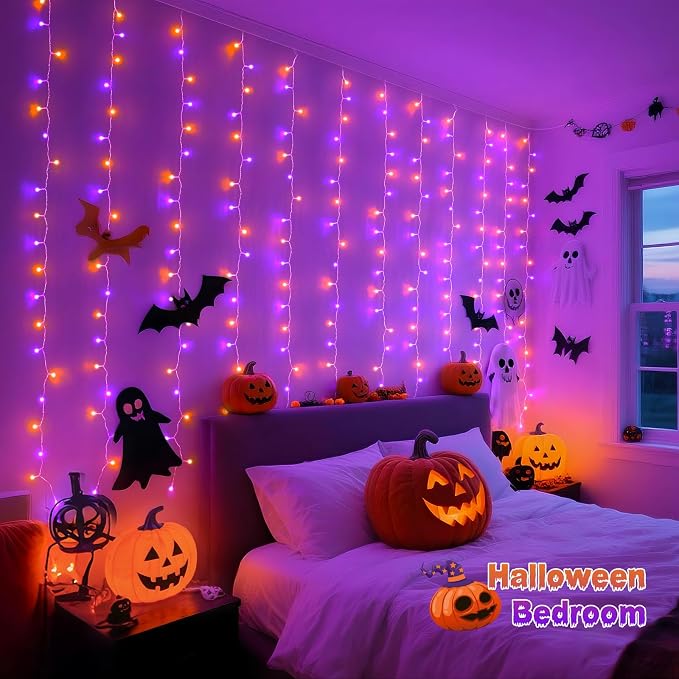 JMEXSUSS 200 LED Orange & Purple Halloween Curtain Lights Battery and USB Operated with Remote, 8 Modes Hanging String Lights for Bedroom, Halloween Lights Indoor Outdoor for Backdrop Party Decor