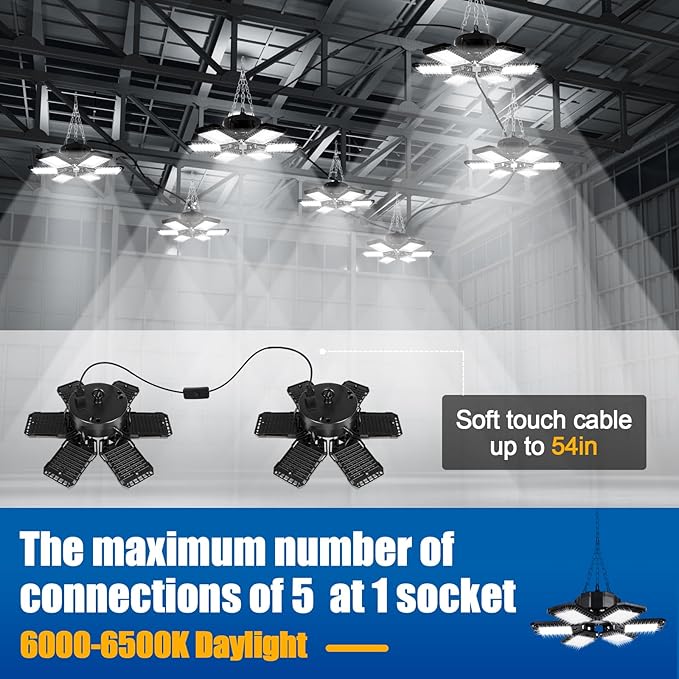 LED Garage Lights 2 Pack -180W, 18000LM 6500K Led Shop Light with 6+1 Deformable Panels, Basement Barn Light Garages Ceiling Lights, E26/E27 for Garage, Warehouse, Shop, Basement