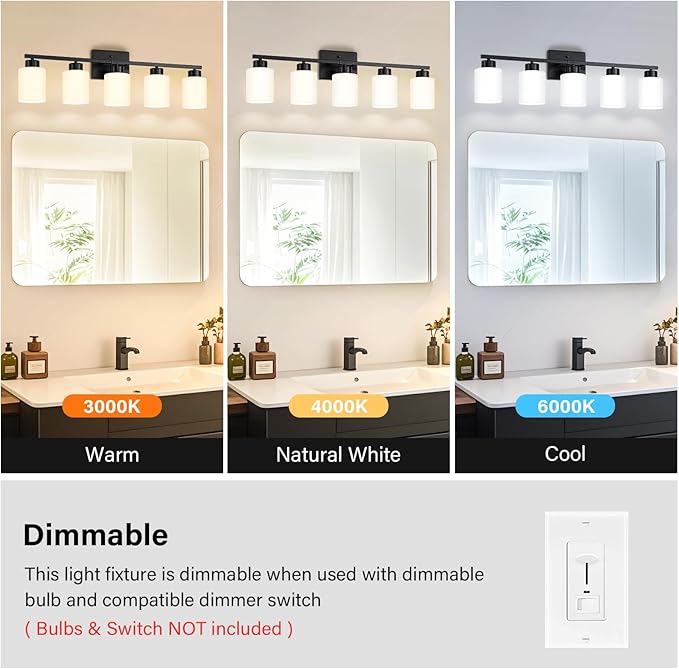 FonmYim Black Bathroom Light Fixtures, 5-Light Modern Vanity Light Over Mirror, Wall Sconces with Milky White Frosted Glass Shades, E26 Socket (Bulbs Not Included)