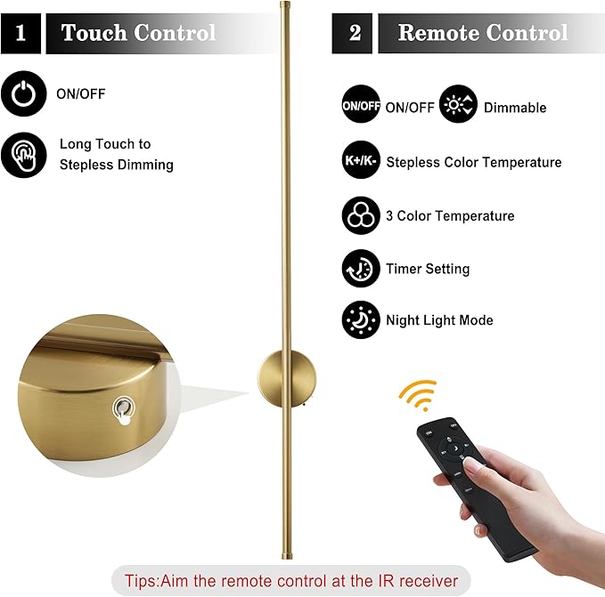 Battery Operated Modern Wall Sconces Set of Two,Rechargeable Wireless Wall Lights with Remote Control,Dimmable,3CCT,Timer,360°Rotation,Cordless Lighting for Bedroom,Living Room,Hallway,Brass,39.3 Inch