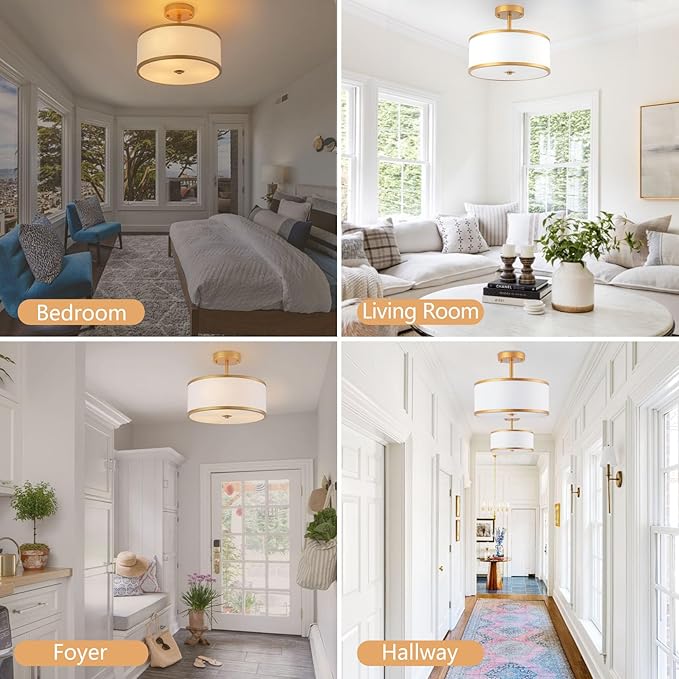 Bargeni Semi Flush Mount Ceiling Light,12.5 Inch Drum Ceiling Light,Antique Brass Finish Flush Mount Light Fixture with Fabric Shade,Modern Close to Ceiling Light Fixtures for Bedroom,Living Room