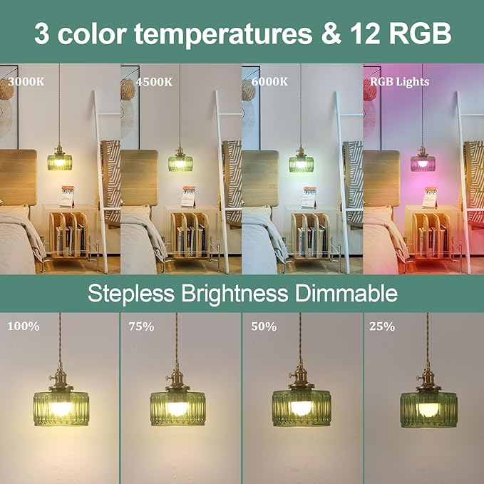 Shenmoyl Battery Operated Pendant Light 5000mAh Rechargeable Chandelier with Remote Control Wireless Adjustable Hanging Green Striped Light for Kitchen Island Dining Room Hallway, 2 Pack