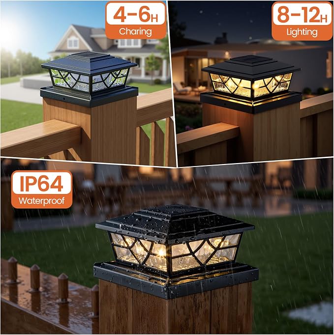 APONUO Solar Post Cap Lights 6 Pack for 4x4 5x5 6x6 Wood Vinyl Fences - IP64 Waterproof, Auto On/Off, Solar Powered Post Lights, Warm Cool White, Deck Patio Yard Decor, Black