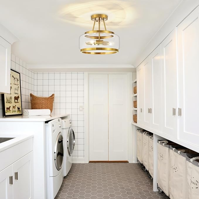 11.81" Gold Semi Flush Mount Ceiling Light Modern Glass Drum Ceiling Light Fixture 3-Light Ceiling Lights for Hallway Entryway Bedroom Kitchen Dining Room Laundry Room Close to Ceiling Light Fixtures