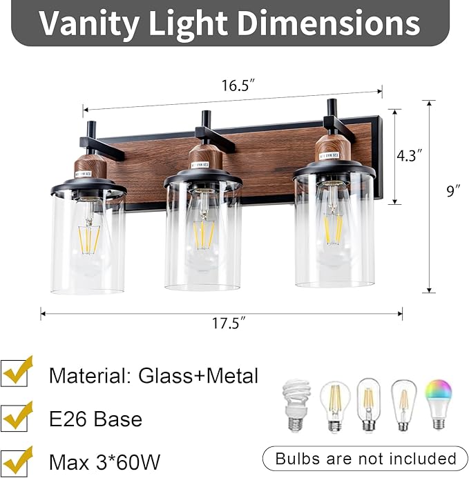 Lanhall 3-Light Farmhouse Bathroom Light Fixtures Vintage Vanity Lights Over Mirror Black and Wood Painted Metal Vanity Light with Glass Shades E26 Socket