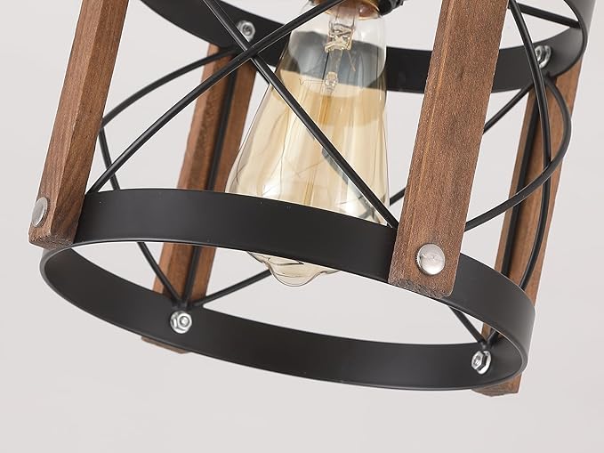 Rustic Farmhouse Wood Flush Mount Ceiling Light Fixture Oak Wood and Metal Round Cage Small Semi Flush Mount Ceiling Light for Kitchen Entry Bedroom Country Hallway Farmhouse, Black