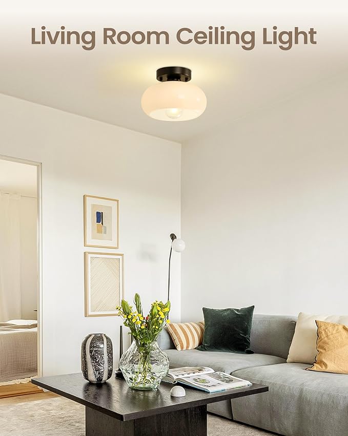 Yunnix Semi Flush Mount Ceiling Light, Black Light Fixture, Mid-Century Modern Farmhouse Milk Glass Small Light Fixtures for Hallway, Bathroom, Kitchen, Bedroom, Living Room, Closet(8.66 Inch)