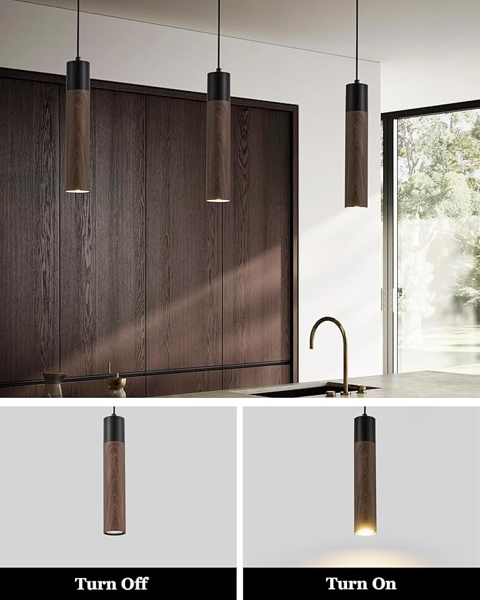 ELYONA LED Pendant Lights for Kitchen Island Walnut Wood Grain & Matte Black Metal, Modern Cylinder Pendant Light Fixtures for Dining Room Bedroom Office, GU10 Bulbs Included Adjustable Height, 3 Pack