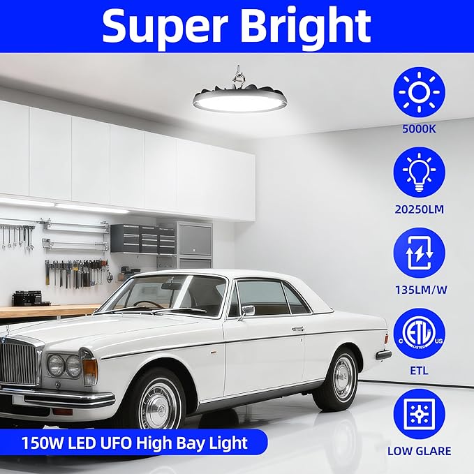 150W UFO LED High Bay Light, 20250lm 5000K Daylight UFO LED High Bay Shop Lights [450W MH/HPS Equiv.] 100-277V IP65 Waterproof Commercial Bay Lighting for Warehouse Workshop Factory Shop, 2 Pack