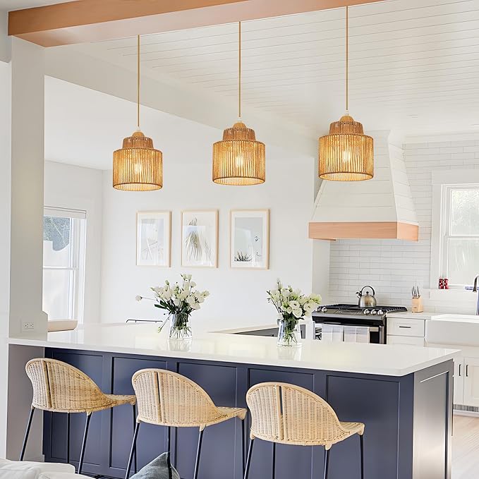 2 Pack Boho Rattan Pendant Light Kitchen Island,Farmhouse Chandeliers Adjustable Height Hanging lamp for Dining Room,Kitchen Ceiling Lights Fixtures with Round Woven Wicker Lampshade Lighting