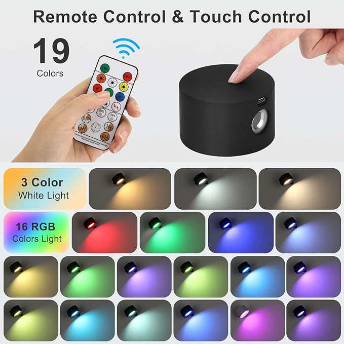 Lightess 2PC LED Wall Sconces, 19 Colors Dimmable Wall Mounted Lamp with 5000mAh Rechargeable Battery, 360°Rotate Magnetic Ball, Touch & Remote Control, Cordless Wall Light for Reading Bedside