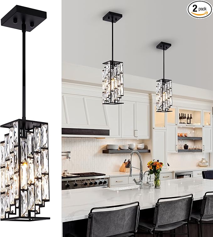 Crystal Pendant Lights Kitchen Island 2 Pack, Modern Black Chandelier Height Adjustable, Hanging Lights for Kitchen Island Dining Room Bedroom