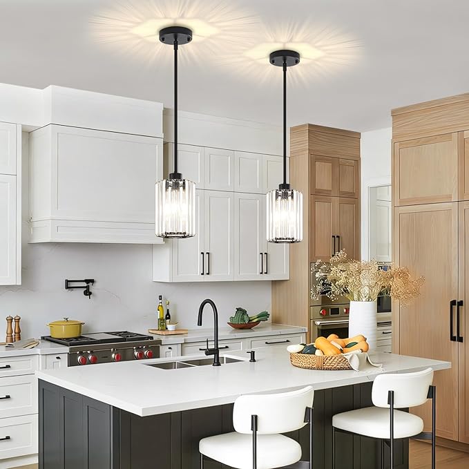 2-Pack Black Pendant Lights Kitchen Island Modern Crystal Hanging Pendant Light Hexagonal Mini Chandelier Adjustable Hanging Kitchen Lights for Dining Room Hallway Bedroom Entryway Light Fixtures