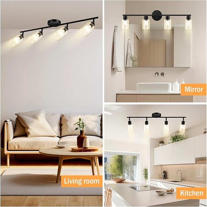 BoostArea 4 Light Led Track Light,Glass Lightshade Track Lighting Kits,4 Way Modern Ceiling Spot Lights for Kitchen,Dining Room,Bedroom,Hallway,Flexibly Rotatable Light Head,Black,Not GU10 Bulb
