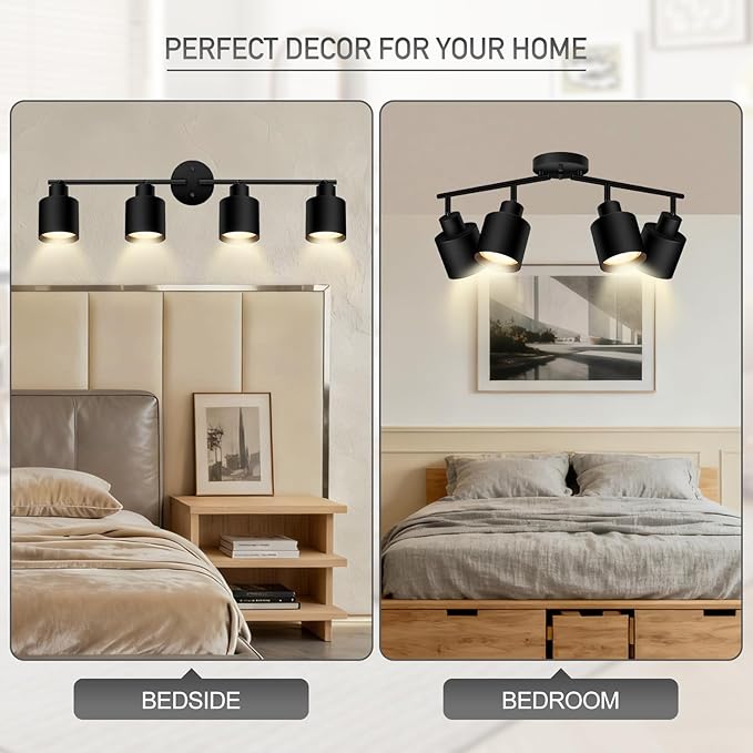 4-Light Led Track Lighting,Black Ceiling Lighting Fixtures,Wall Sconces Ceiling Spotlight with Foldable Light Arms for Kitchen, Closet, Bedroom,GU10 Socket, Bulbs Not Included