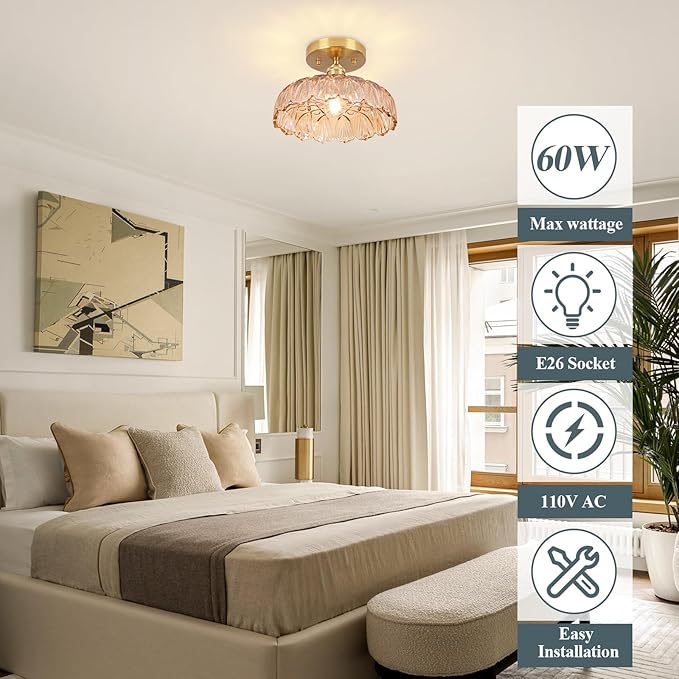 Hallway Lights Fixture Ceiling,Amber Semi Flush Mount Ceiling Lights,9.4" Flower Light E26 Vintage Light Fixtures for Closet Hallway Kitchen Dining Room