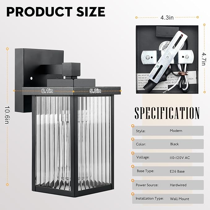 Outdoor Wall Lights for House Exterior - IP65 Waterproof Porch Lights with Textured Glass & Matte Black Metal, Easy Install Exterior Lighting Fixtures for Garage, Front Door