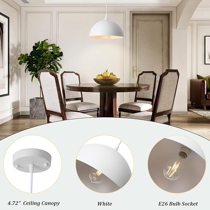 3 Pack White Pendant Lights Kitchen Island 11.8" Modern Dome Pendant Light Fixtures Farmhouse Industrial Vintage Hanging Ceiling Light Fixture for Dining Room Foyer Hallway Bar Cafe Kitchen