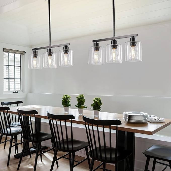 3-Light Kitchen Island Lighting, Black Pendant Light Fixture, Farmhouse Dining Room Light Fixtures Over Table, Modern Hanging Light Fixtures with Clear Glass, E26 Base, Bulbs Not Included
