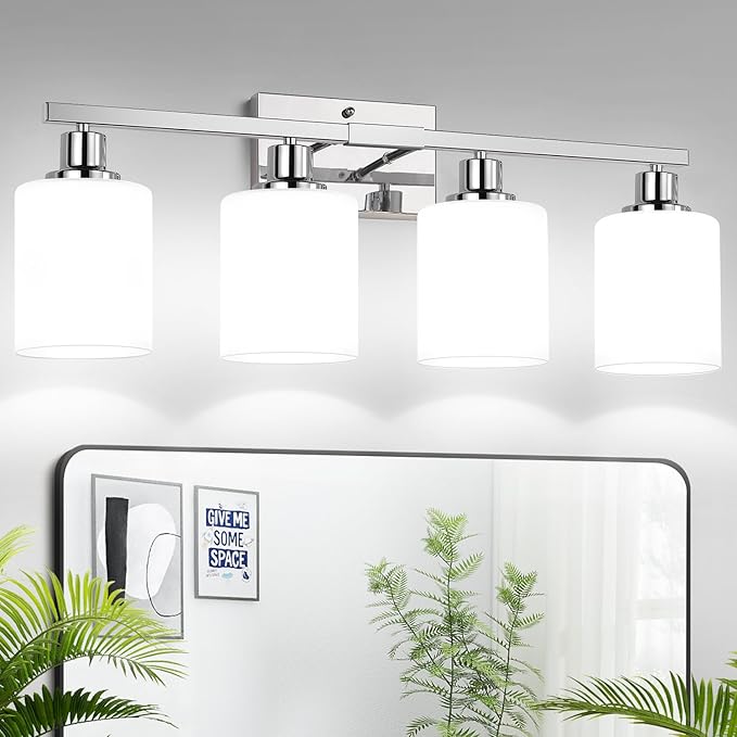MOKATNG 4-Light Vanity Light with Milky White Shades, Chrome Bathroom Lighting Fixtures Over Mirror, Modern Bathroom Wall Lamp for Mirror Living Room Cabinet Bedroom