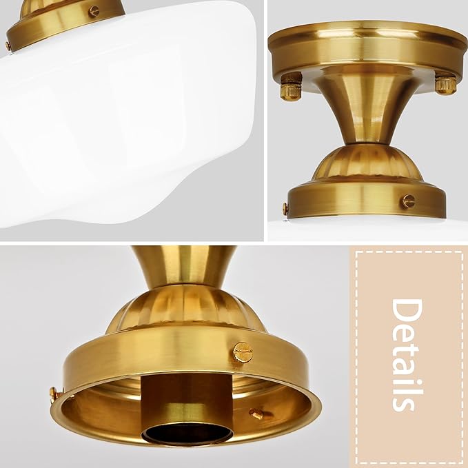 Bagood 12" Brass Schoolhouse Lights Fixture Milk Glass Light Fixtures Mid Century Light Fixtures School House Lights Fixture Ceiling Semi Flush Mount Ceiling for Bathroom Bedroom (Bulb Incl.)
