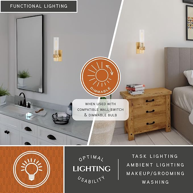 VAXCEL Bari 1 Light Satin Brass Contemporary Wall Sconce with Clear Cylinder Glass