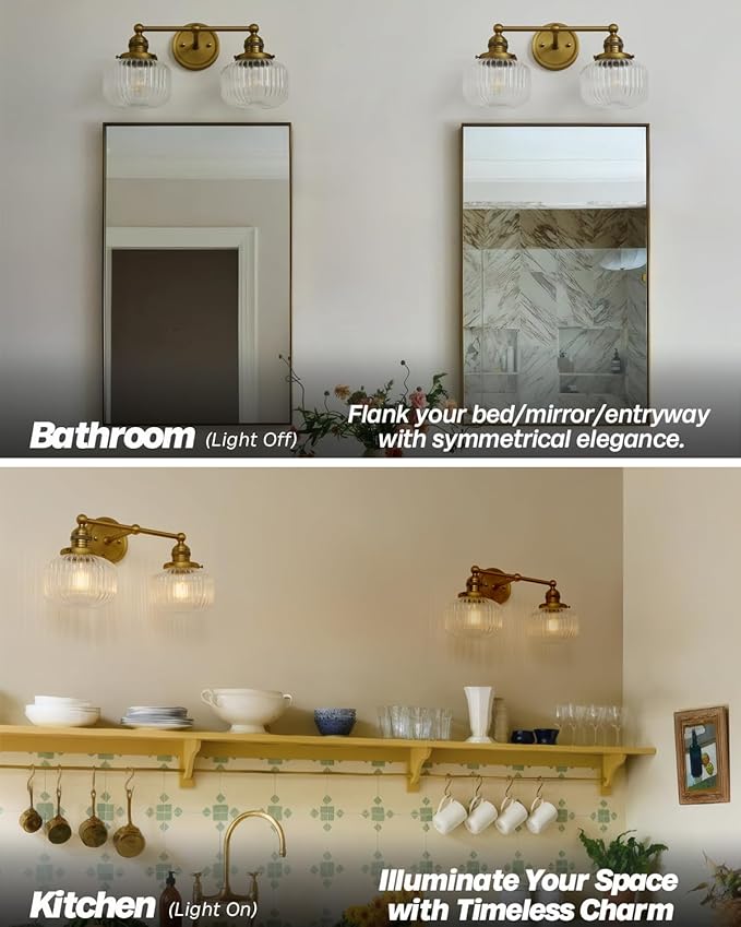 Double Vintage Wall Sconces 2-Lights Brass Gold Bathroom Vanity Light with Clear Striped Glass Shade Indoor Hardwire Wall Sconce Lighting for Bathroom Living Room Bedroom Kitchen