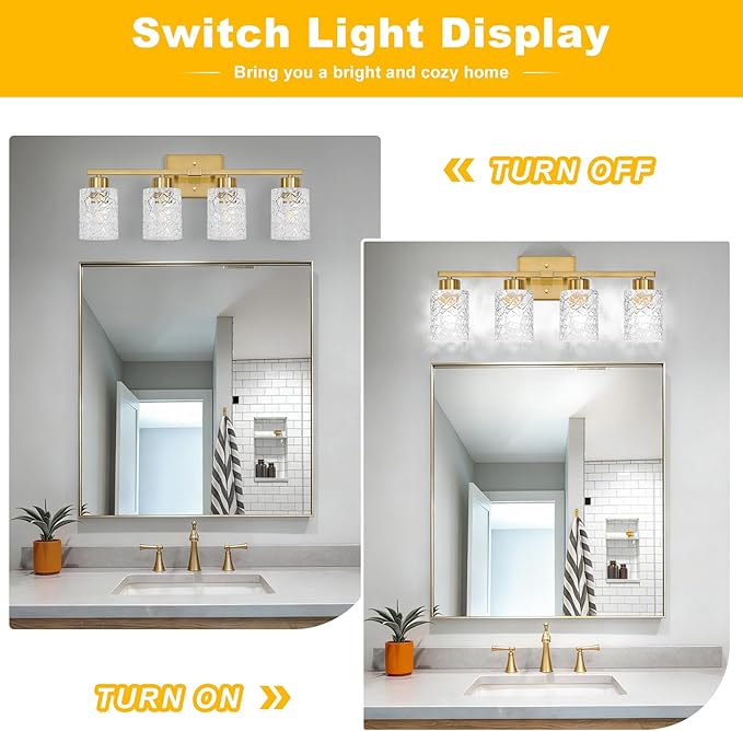 Brushed Gold Bathroom Light Fixtures, 4-Light Modern Bathroom Vanity Wall Light, Vanity Lights for Mirror, Wall Sconces with Clear Textured Glass (E26 Socket, Bulbs Not Included)