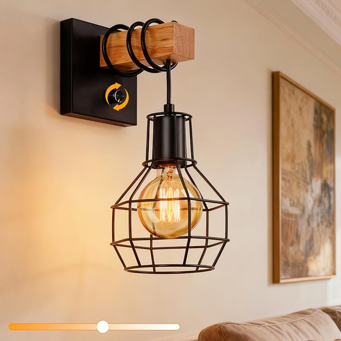 Black Wall Sconces with Dimmer ON/Off Switch, Cage Wall Mount Light Fixture Industrial Farmhouse Lighting for Living Room Kitchen, C71Y215