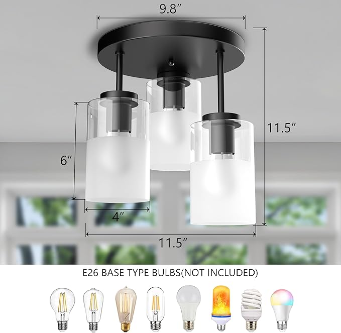 Maxax 3-Lights Black Semi Flush Mount Ceiling Light Fixture, 11.5" Modern Farmhouse Light Fixture with Clear Frosted Glass, E26 Base, for Kitchen, Foyer, Hallway, Entryway, Bedroom, Stairs