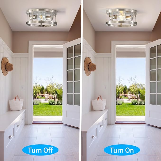 Farmhouse Semi Flush Mount Ceiling Light, Brushed Nickel 11 inch 2-Light Metal Cage Light Fixture Ceiling Mount, Industrial Closed to Ceiling Mount Lamp, Bulb Not Included