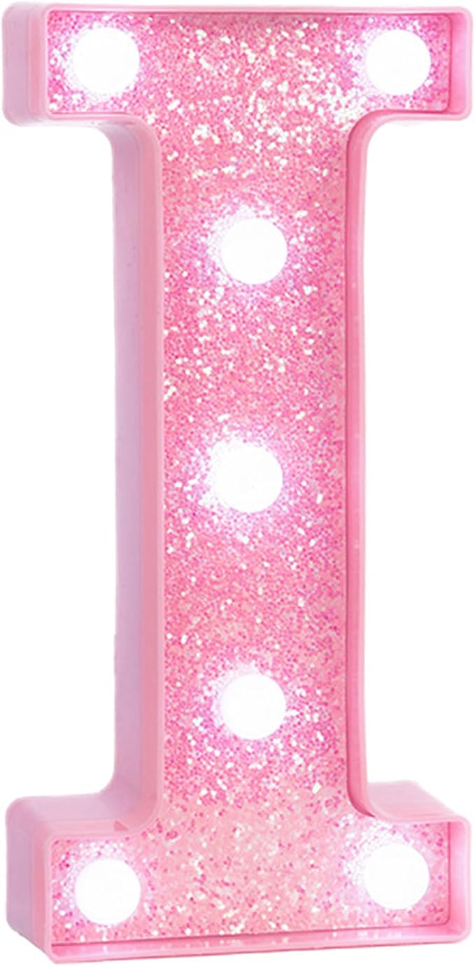 Pink Marquee Light Up Letters, Glitter Alphabet LED Letter Lights for Pink Birthday Party Decorations, Battery Operated Letter Sign for Girls Room Vanity Table Decor, Cool White Lights Letter I