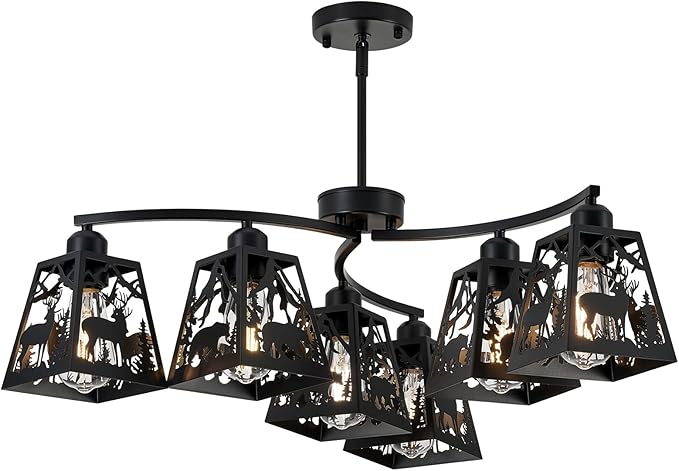 Rustic Semi-Flush Mount Ceiling Light Fixture,6-Light Adjustable Height with Rotation Arm Black Fixtures for Kitchen, Hallway, Living Room, Industrial Style with Deer, Bear, Tree Design
