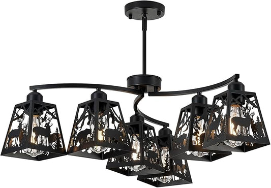 Rustic Semi-Flush Mount Ceiling Light Fixture,6-Light Adjustable Height with Rotation Arm Black Fixtures for Kitchen, Hallway, Living Room, Industrial Style with Deer, Bear, Tree Design