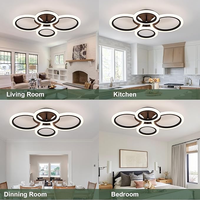 Modern Ceiling Lights 24" 40W, Dimmable Kitchen Lighting Fixtures Ceiling, 3000-6500K Light Fixture Ceiling Mount with Remote Control, Black 4 Ring LED Ceiling Light for Bedroom