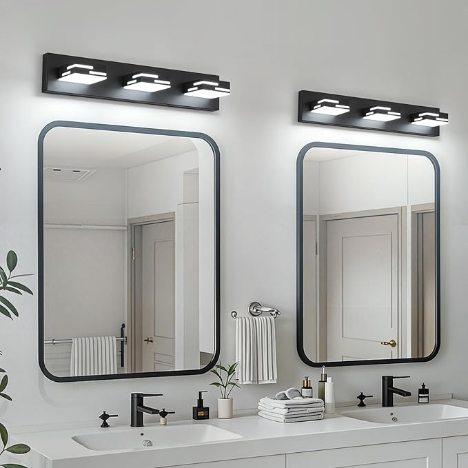 3-Light Modern Bathroom Vanity Light Fixtures, 24-Inch 350° Rotatable LED Vanity Lights Over Mirror, Matte Black Metal Wall Sconce with Acrylic Shade for Makeup Cabinet, Non-Dimmable