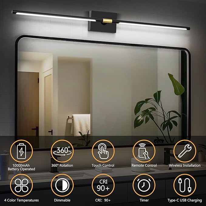 Rechargeable Wall Sconce Set of 2: 10000mAh Battery Operated Wall Sconce with Touch and Remote, 360° Rotate, 4CCT Dimmable Wireless Wall Light LED Wall Lamp for Living Room Bedroom Bathroom, Black