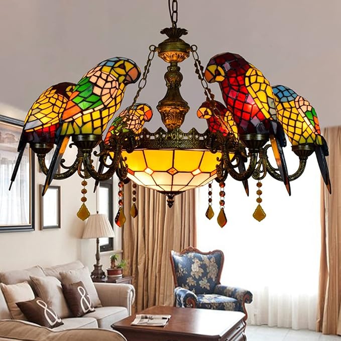 Tiffany-Style Victorian 6-Light Parrot Chandelier, European Red Dragonfly Stained Glass Multi-Head Pendant Lamp Fixture Ceiling Hang Light for Living Room Villa Dining Room,Parrot