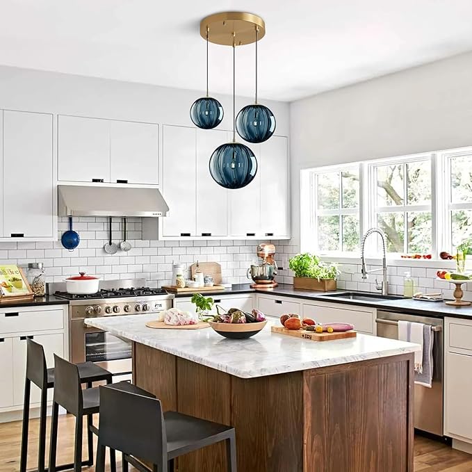 KCO Lighting Mid Century Modern 3-Lights Globe Pendant Light Fixture Brass Gold Cluster Pendant Light Kitchen Island Multi Light Pendant Lighting Ceiling Hanging Blue Glass Hanging Light