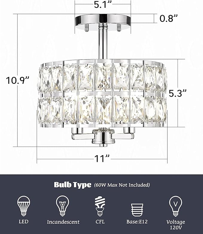 CALDION Semi Flush Mount Ceiling Light Fixture, 11" Crystal Light Fixture, 3-Light Modern Chandelier with Chrome Finish for Bathroom, Dinning Room, Hallway, Bedroom, 6869SM-CH-3