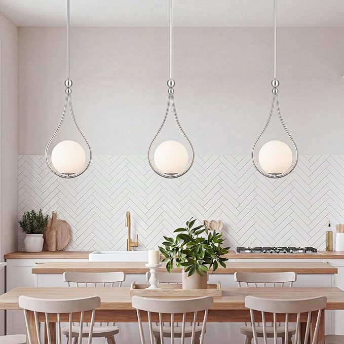 Brushed Nickel Pendant Lights with Milky White Globe Glass Pendant Lights Kitchen Island Adjustable Mid Century Hanging Pendant Light Fixtures for Kitchen Dining Room Entryway, 1 Pack