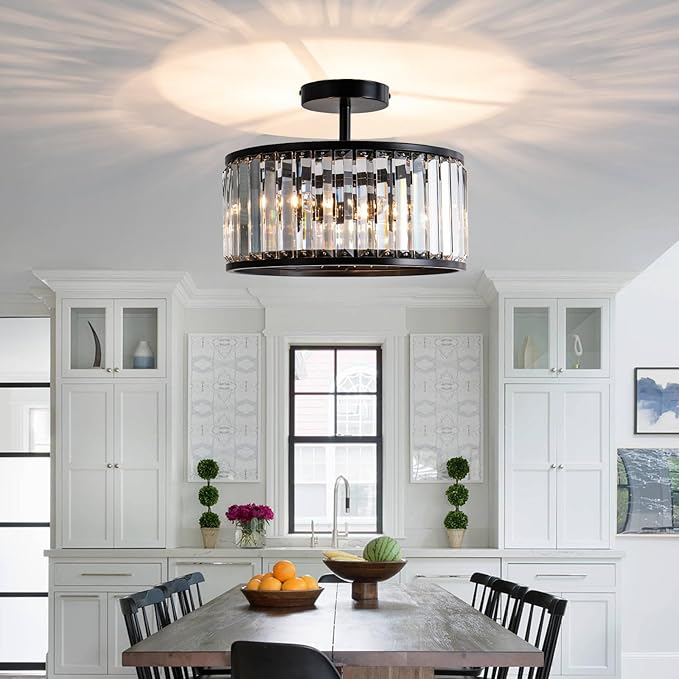 Black Crystal Ceiling Light Fixture,3 light crystal Semi Flush Mount Ceiling Lighting Fixture,Round Small kitchen ceiling light for Hallway, Entryway, Laundry Room, Kitchen, Bedroom, Foyer, Bathroom