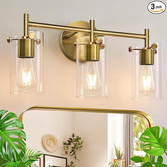 Indoi Bathroom Light Fixtures, 3-Light Brass Vanity Light, Black Bathroom Lights Over Mirror with Clear Glass Shade, Wall Sconces for Mirror Bedroom Living Room Hallway