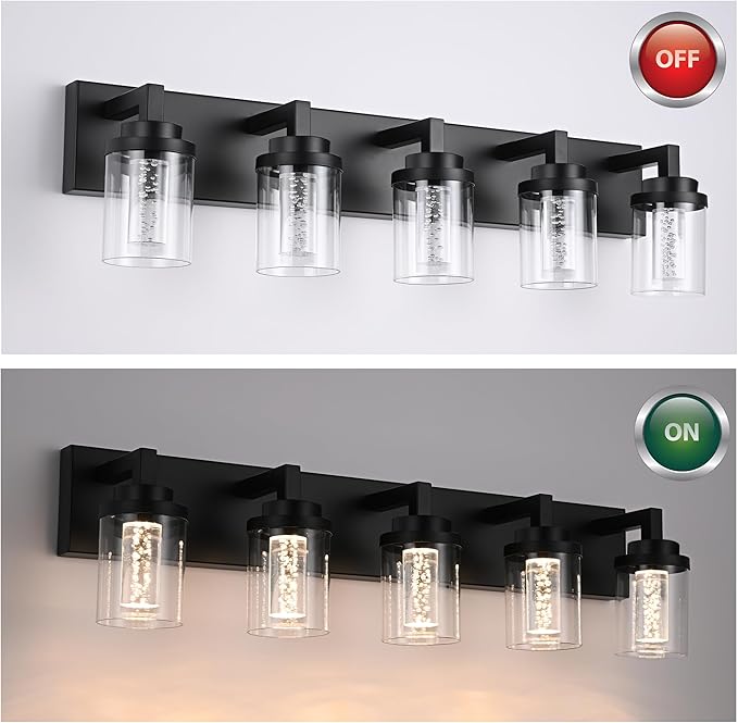 MELUCEE Black Vanity Lights for Bathroom, 5CCT Dimmable LED Bathroom Lights with Bubble Crystal and Clear Glass Shade, LED Vanity Light Bar Above Mirror Kitchen Sink, Built-in Led Chips, 25W