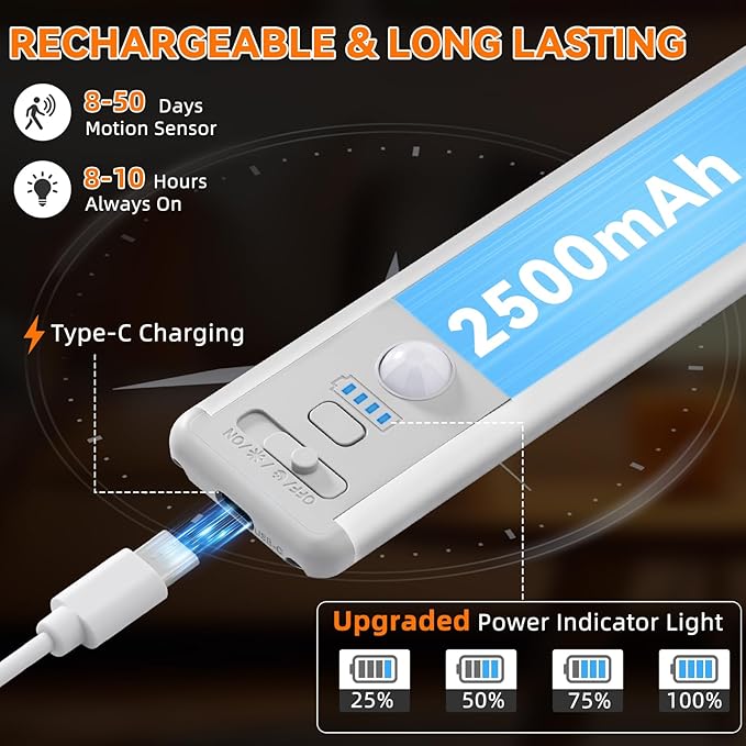 Under Cabinet Lighting Wireless, 15inch Rechargeable Motion Sensor Light Indoor, 3 Color Closet Light Battery Operated with LED Power Display, Magnetic Under Counter Lights for Kitchen, Home (6Pack)