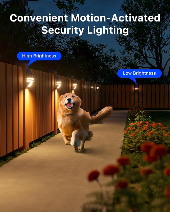 8 Pack Solar Stainless Steel Fence Lights Outdoor Waterproof Motion Sensor Wall Sconce for Backyard Post, Deck, Porch, Stair Rail, Dock, Gate, Walkway, Steps, Patio, Garden, Ambiance Warm Lighting