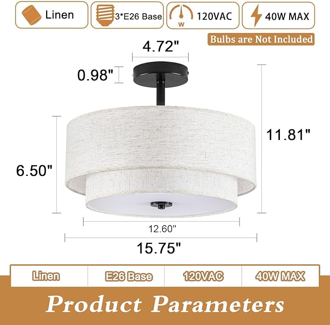 BUXVRCS Semi Flush Mount Ceiling Light Fixture, 3-Light Double Drum Lighting Fixtures with Fabric Shade, 16" Modern Light Fixtures Ceiling Mount Close to Ceiling Light for Bedroom (Black)