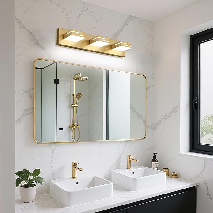 LED Modern Bathroom Vanity Light Fixtures, 3-Light 22-inch Dimmable Gold Vanity Lights for Bathroom Lighting Fixtures Over Mirror, with 360° Rotatable Heads (Cool White 6000K)