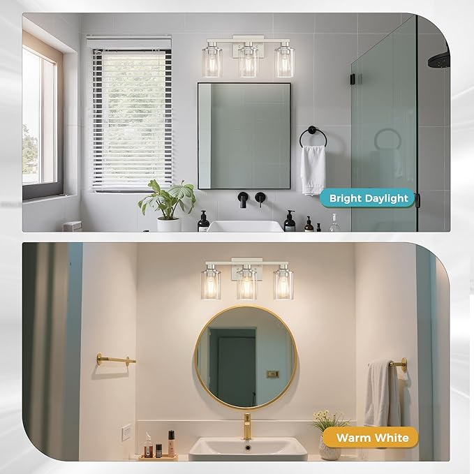 DORESshop 17 Inch Bathroom Light Fixtures, 3-Light Nickel Bathroom Lighting Fixtures Over Mirror with Clear Glass Shade, Vanity Lights for Living Room Bedroom