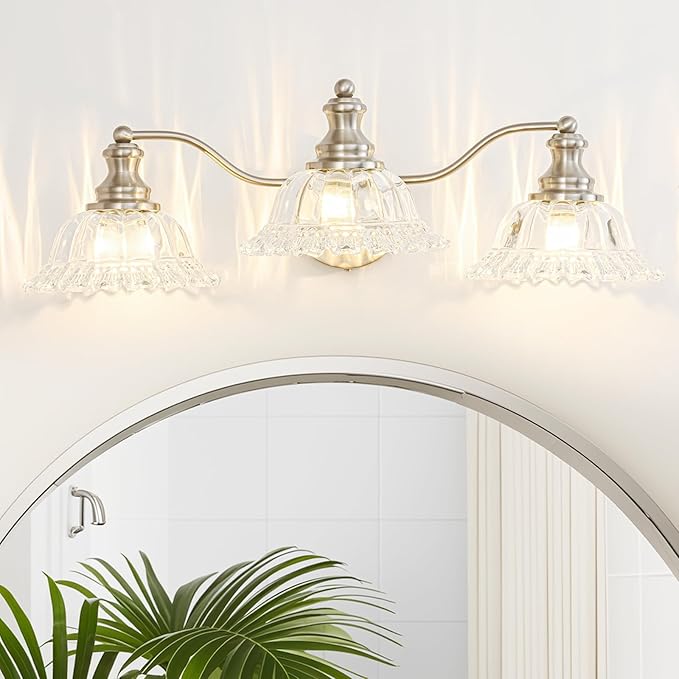 Brushed Nickel Bathroom Light Fixtures Over Mirror, 3 Light Vintage Bathroom Vanity Light Fixture with Clear Flower Glass Shades, Retro Vanity Lights for Bathroom, Bathroom Vanity Lights Over Mirror
